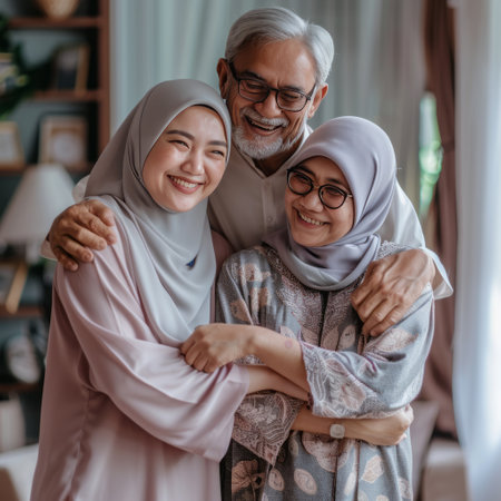 Portrait of asian muslim family looking at camera and smiling while standing at homeの素材