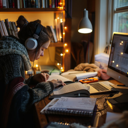 Young woman listening to music on headphones while studying at home in the eveningの素材