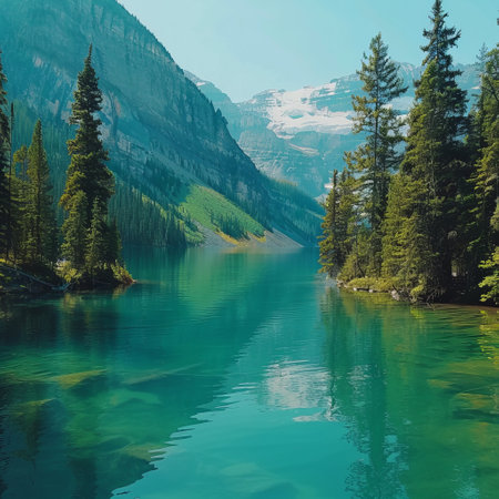 Mountain lake with clear turquoise water and coniferous forest.の素材