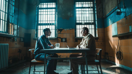 Two african american businessmen talking while sitting at table in officeの素材