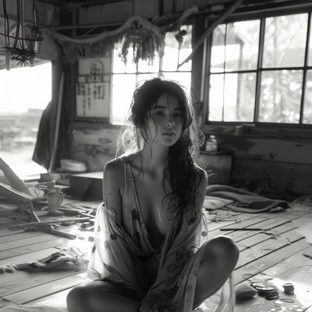 beautiful asian woman with long hair sitting on the wooden floorの素材
