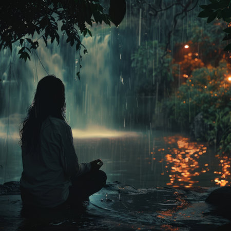 Young woman sit in front of waterfall in the rainforest at nightの素材