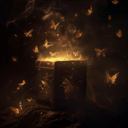 Burning gift box with flying butterflies on dark background. Halloween conceptの素材