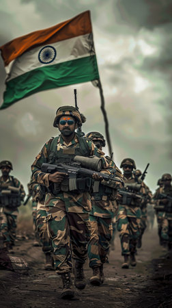 United States Navy special forces soldiers in action with flag of India.の素材
