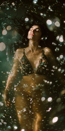 Portrait of a beautiful young woman in a swimsuit. Bokeh effect.の素材