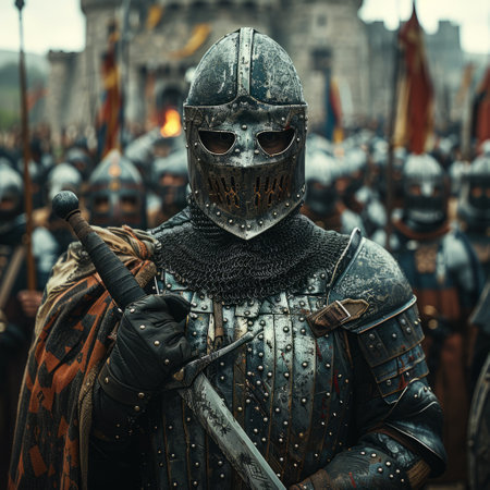 Historical reenactment of the battle for Kiev in 1943. Member of history club Golden Capricorn wears medieval armor and helmetの素材