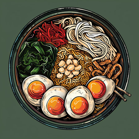 Ramen noodle with egg and vegetables. Hand drawn vector illustration.の素材