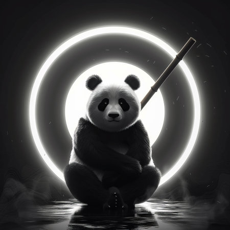 Panda with a magic stick in a dark room. 3d renderingの素材