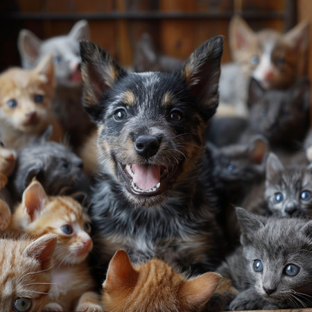Cute little puppies and kittens in animal shelter, close-upの素材