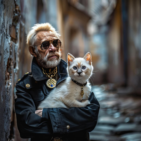 Portrait of an old man with a cat on the street.の素材
