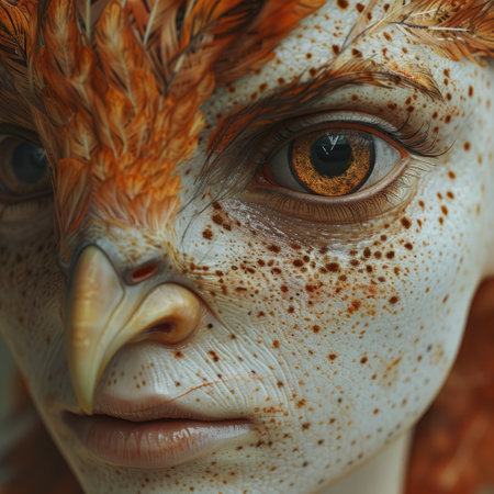 Close-up portrait of a beautiful girl with a bird's headの素材