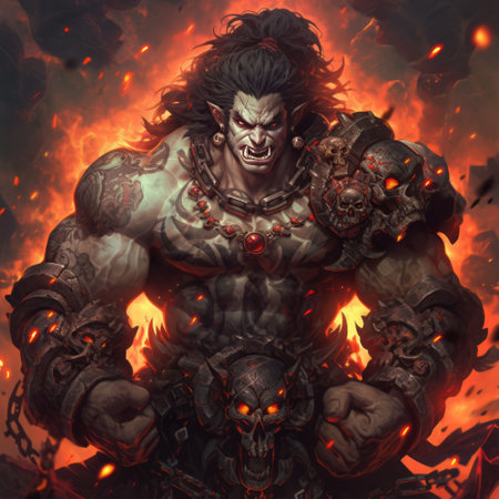 Fantasy illustration of an angry orc warrior in the fire flames.の素材