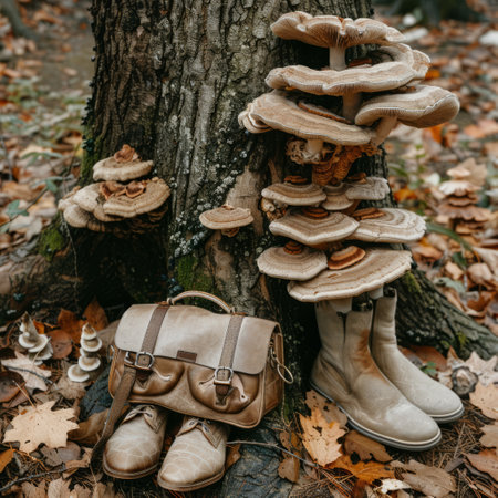 Lingzhi mushroom on a tree trunk with boots and bagの素材