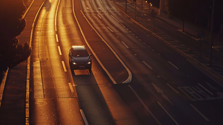 Aerial view of a car moving on a highway at night.の素材