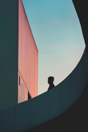 Silhouette of a man standing on the edge of a buildingの素材