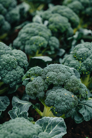 Organic broccoli in the garden. Selective focus. Shallow depth of field.の素材