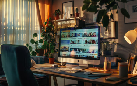 Side view of female freelancer working on computer in home office at nightの素材