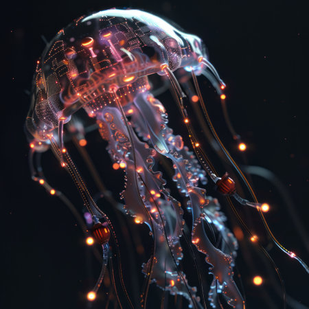 Jellyfish in the ocean. 3D rendering. Neon light.の素材