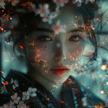 Portrait of a beautiful young woman in a spring blossom gardenの素材