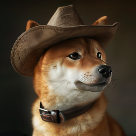 Portrait of a shiba inu dog wearing a cowboy hatの素材
