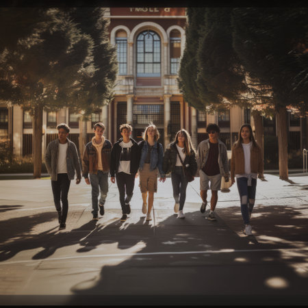 Group of students walking in the campus of university. Education concept.の素材