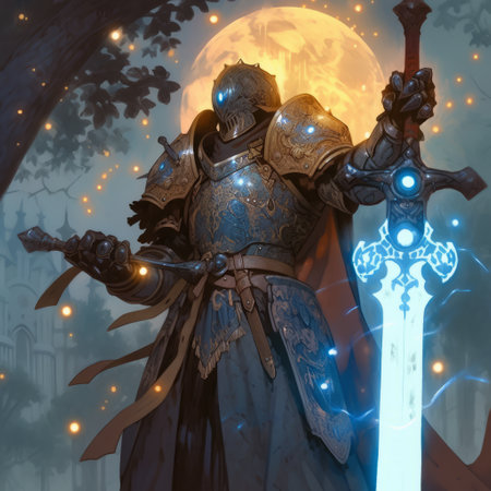 Knight with sword and shield on the background of the full moon.の素材