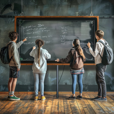 Back view of a group of schoolchildren standing in front of a blackboard and writing on itの素材