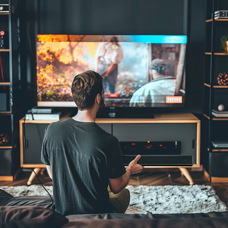 back view of man sitting on bed and playing video game at homeの素材