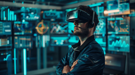 Young man wearing virtual reality goggles in futuristic interior. Future technology conceptの素材