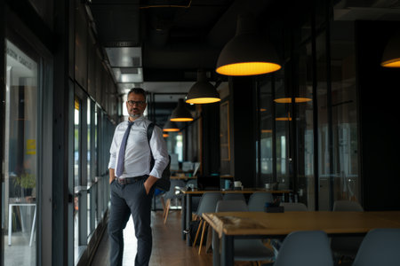 Full length portrait of confident businessman standing in office and looking at cameraの素材