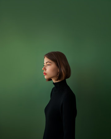 Portrait of a beautiful girl in a black dress on a green backgroundの素材