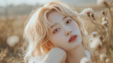 portrait of a beautiful blonde girl in a field with dry flowersの素材
