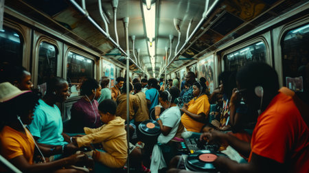 Unidentified indian people playing music in a public train.の素材