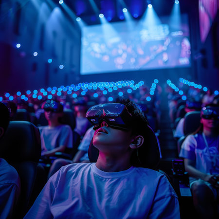Cinematic image of a young man in virtual reality glasses.の素材