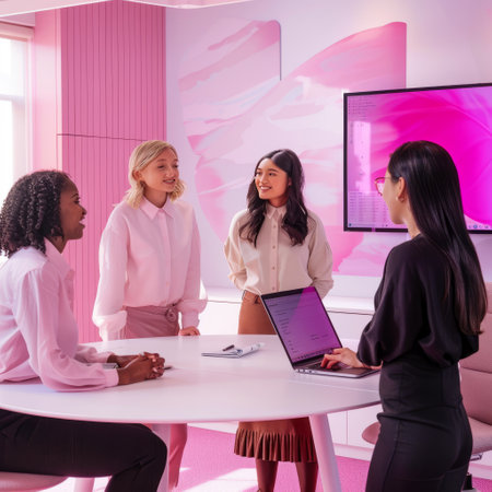 african american businesswomen using laptop and smiling at colleague in officeの素材