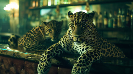 Leopard in a restaurant,vintage style,selective focusの素材