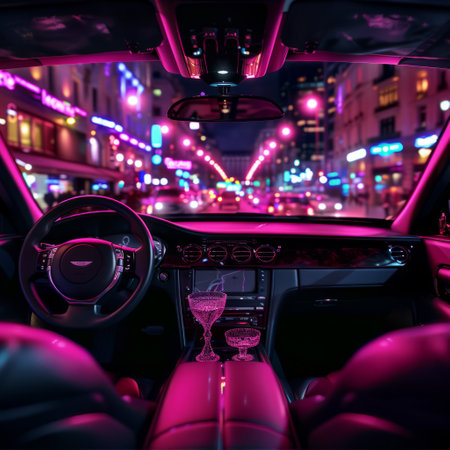 Night drive in a modern car with a glass of wine in the foregroundの素材
