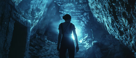 Silhouette of a man in the dark underground tunnel. Mixed mediaの素材