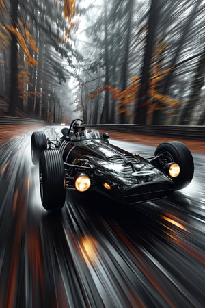Vintage race car on the road in motion blur, 3d renderの素材