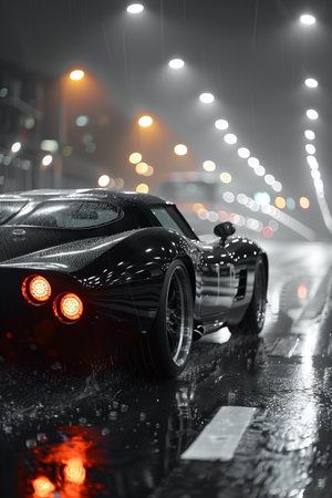 Black sports car on the road in the rain. Side view.の素材