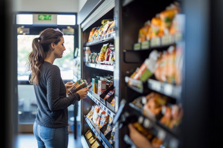 Side view of young woman looking at box with food in grocery storeの素材
