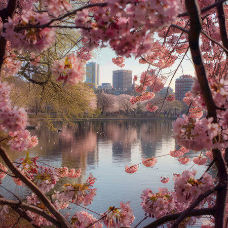 Cherry blossoms in the park with skyscrapers in the backgroundの素材