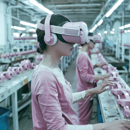 beautiful asian women wearing vr headset while working in factoryの素材