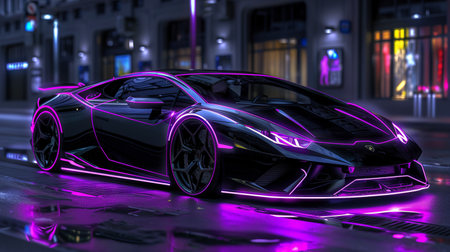 Futuristic concept car with neon lights. 3D rendering.の素材
