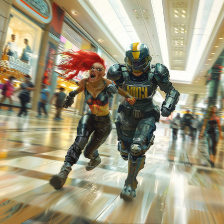 Cyborgs in the shopping mall. 3d rendering toned imageの素材