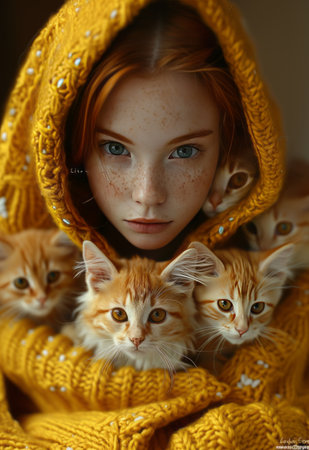 Redhead girl in a yellow knitted sweater with ginger kittens.の素材