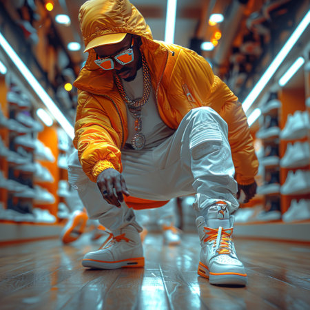 Stylish young man in a yellow hoodie and sunglasses is posing in the store.の素材