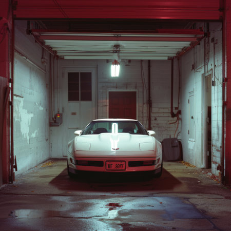 Front view of a car parked in a garage, illuminated by a street lamp.の素材