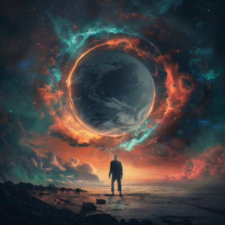 Man looking at the planet. Elements of this image furnished by NASAの素材