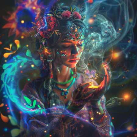 Fantasy image of a beautiful girl with a wreath of flowers on her head.の素材